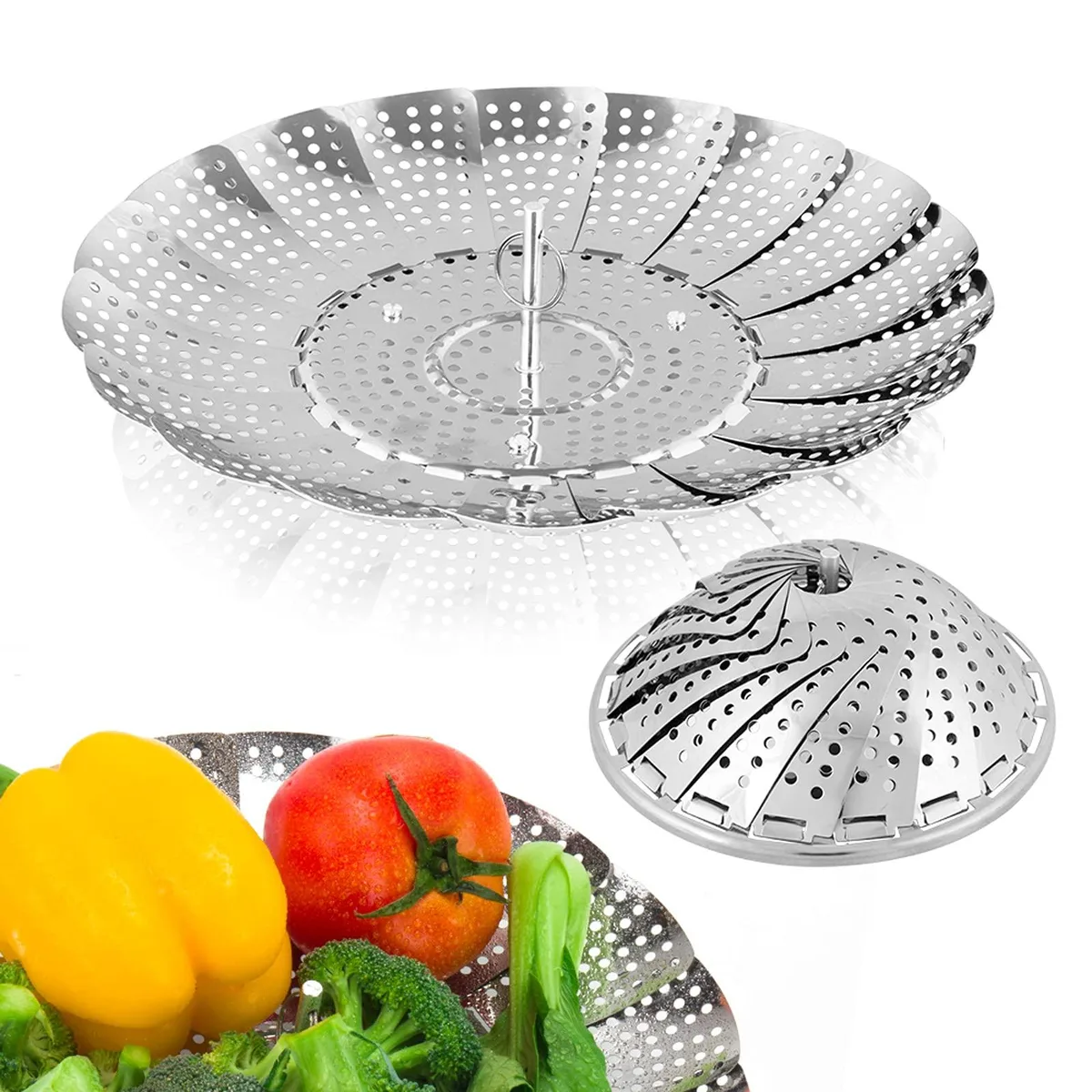 Stainless steel collapsible steamer basket with 18 petals and removable center post