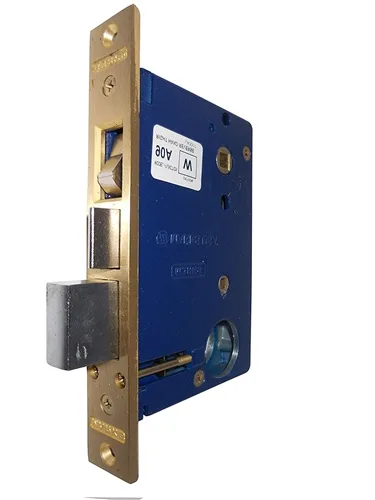 Polished brass mortise lock body, left-hand reverse, rectangular faceplate