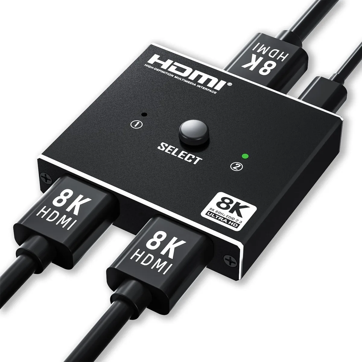 Small black rectangular HDMI switch with three ports and a button