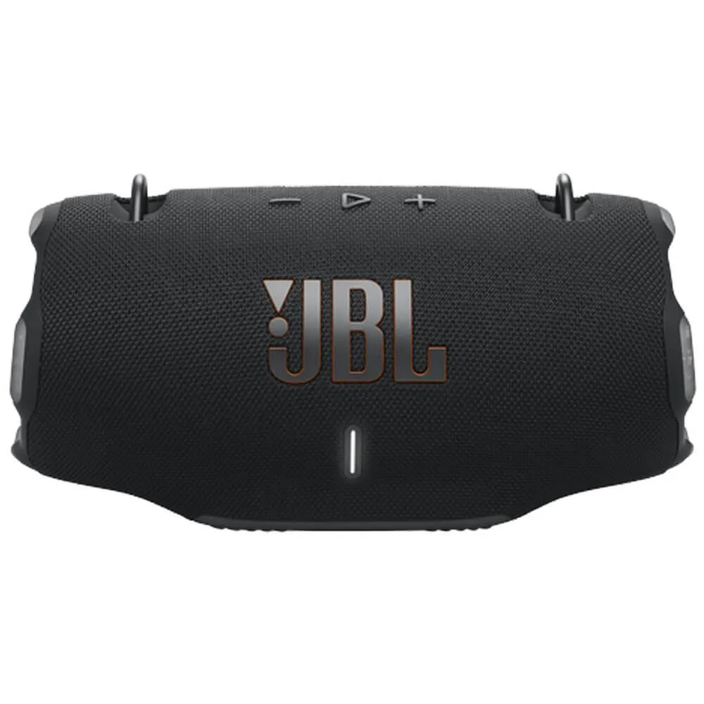 Black cylindrical portable speaker with textured fabric wrap and rubber end caps, shoulder strap attached