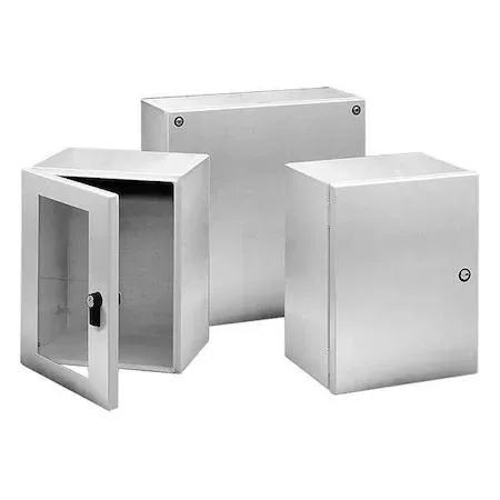 Brushed stainless steel wall-mount enclosure with hinged solid cover and quarter-turn latch