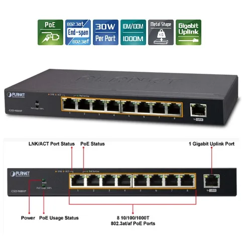 PLANET PLANET GSD-908HP 9-port Gigabit PoE+ network switch — product photo