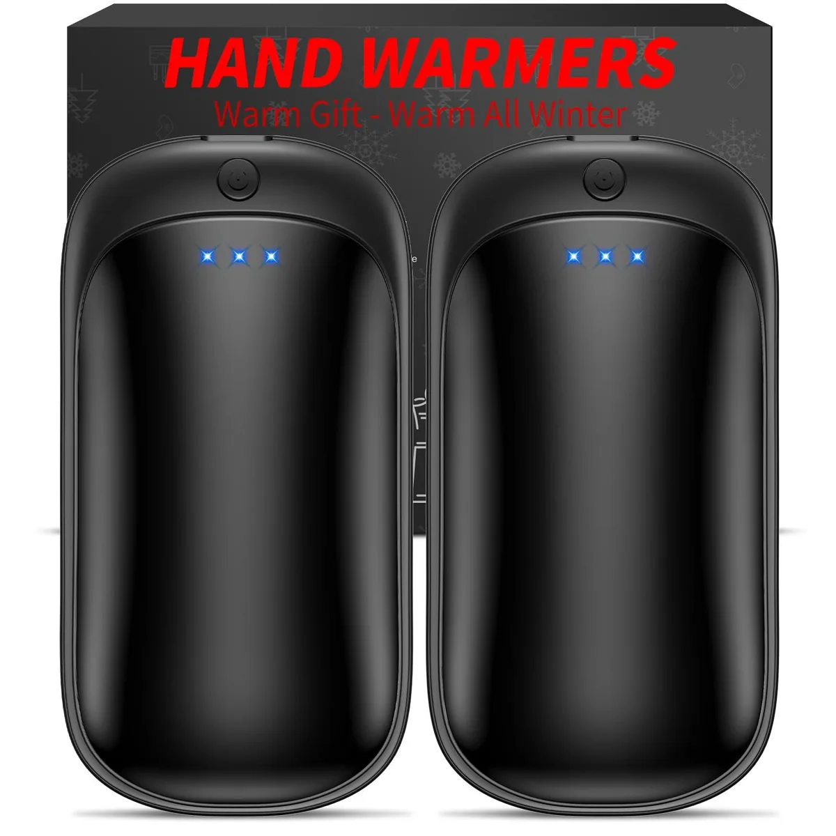 Two black flat rechargeable hand warmers side by side