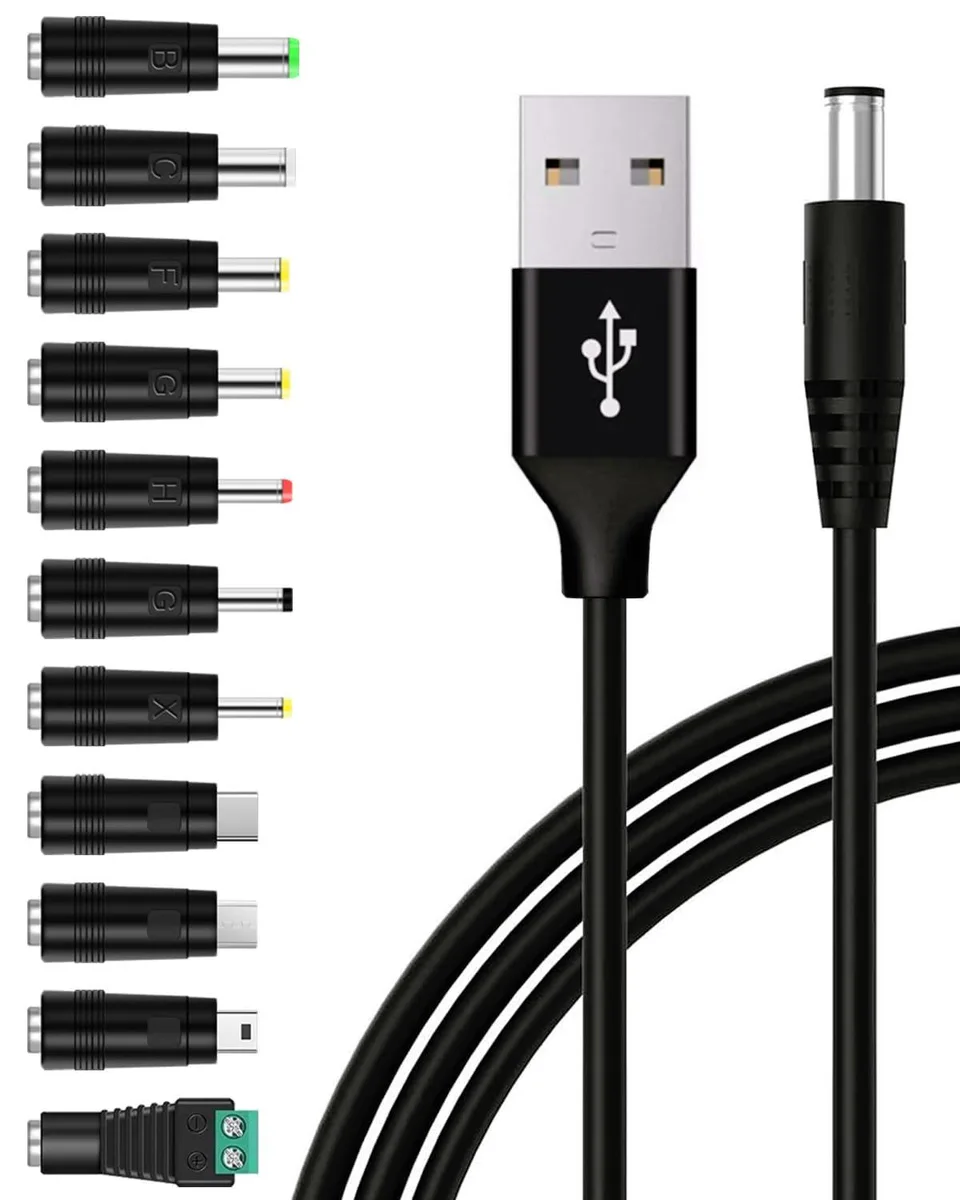 Black USB to DC power cable with 11 interchangeable barrel and USB tips, 5 ft length