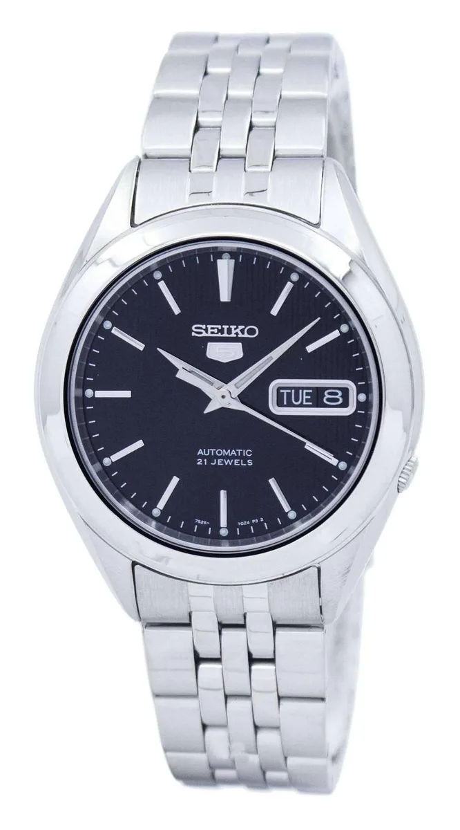 Stainless steel round watch, black dial, silver indices, bracelet, 38 mm