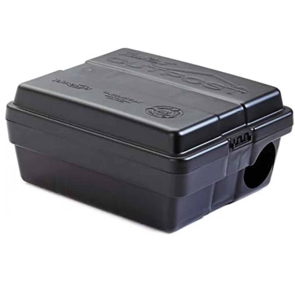 Black lockable rodent bait station, compact rectangular form, 8.5 inch footprint, horizontal or vertical mount