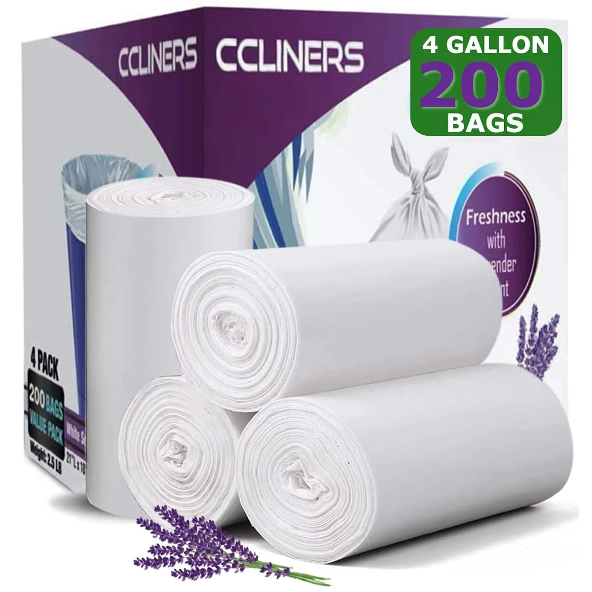  CCLINERS 4 Gallon Lavender Scented Trash Bags 200 Count White 21x18in — product photo
