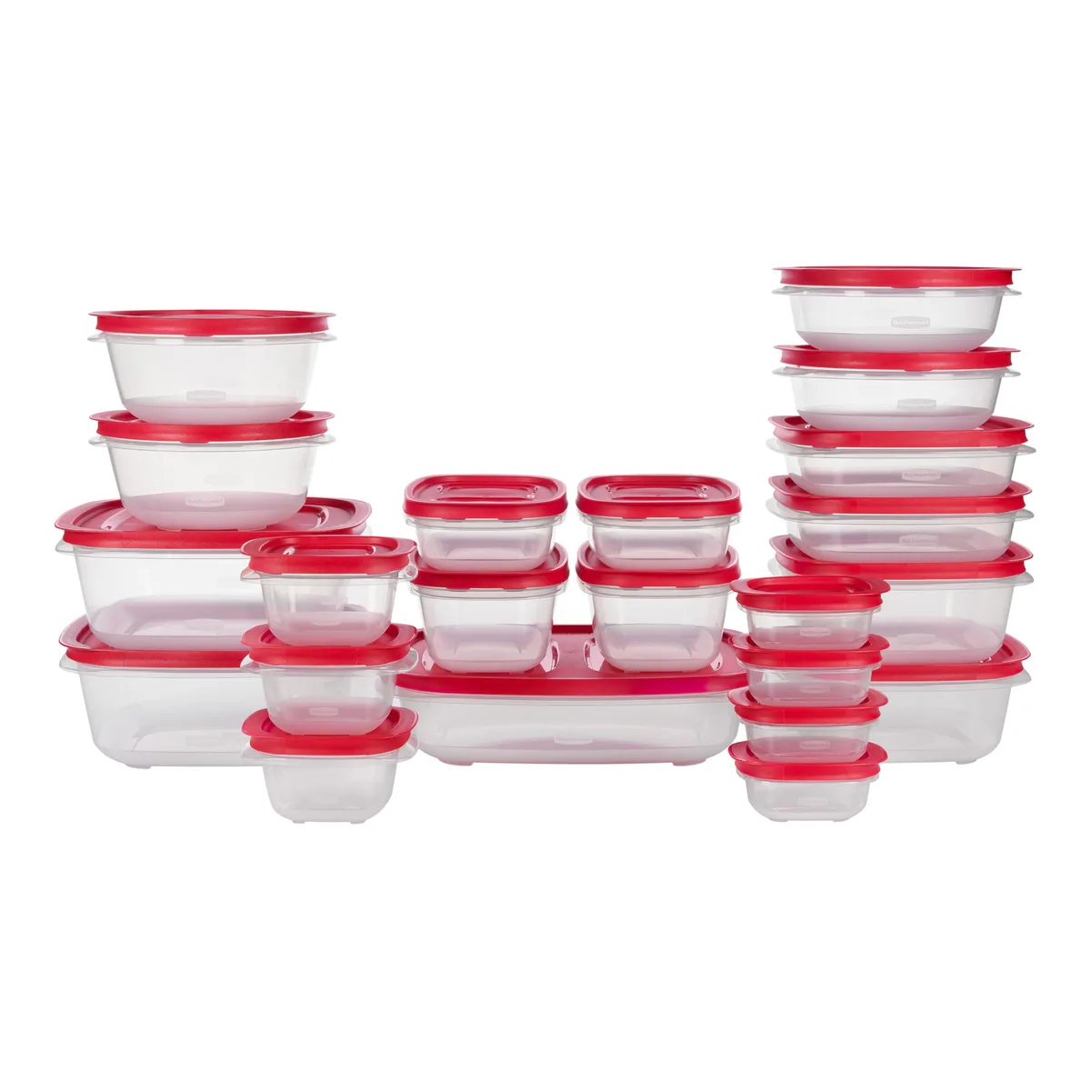 Red plastic food storage containers with matching lids, 44-piece set stacked together