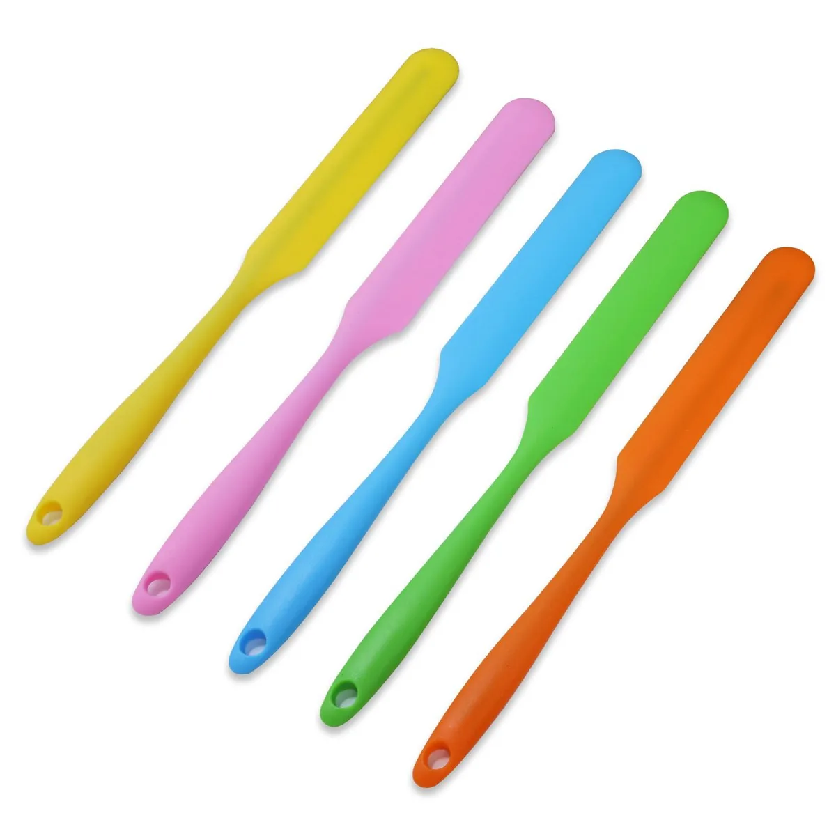 Five rectangular silicone spatulas with long handles in a set