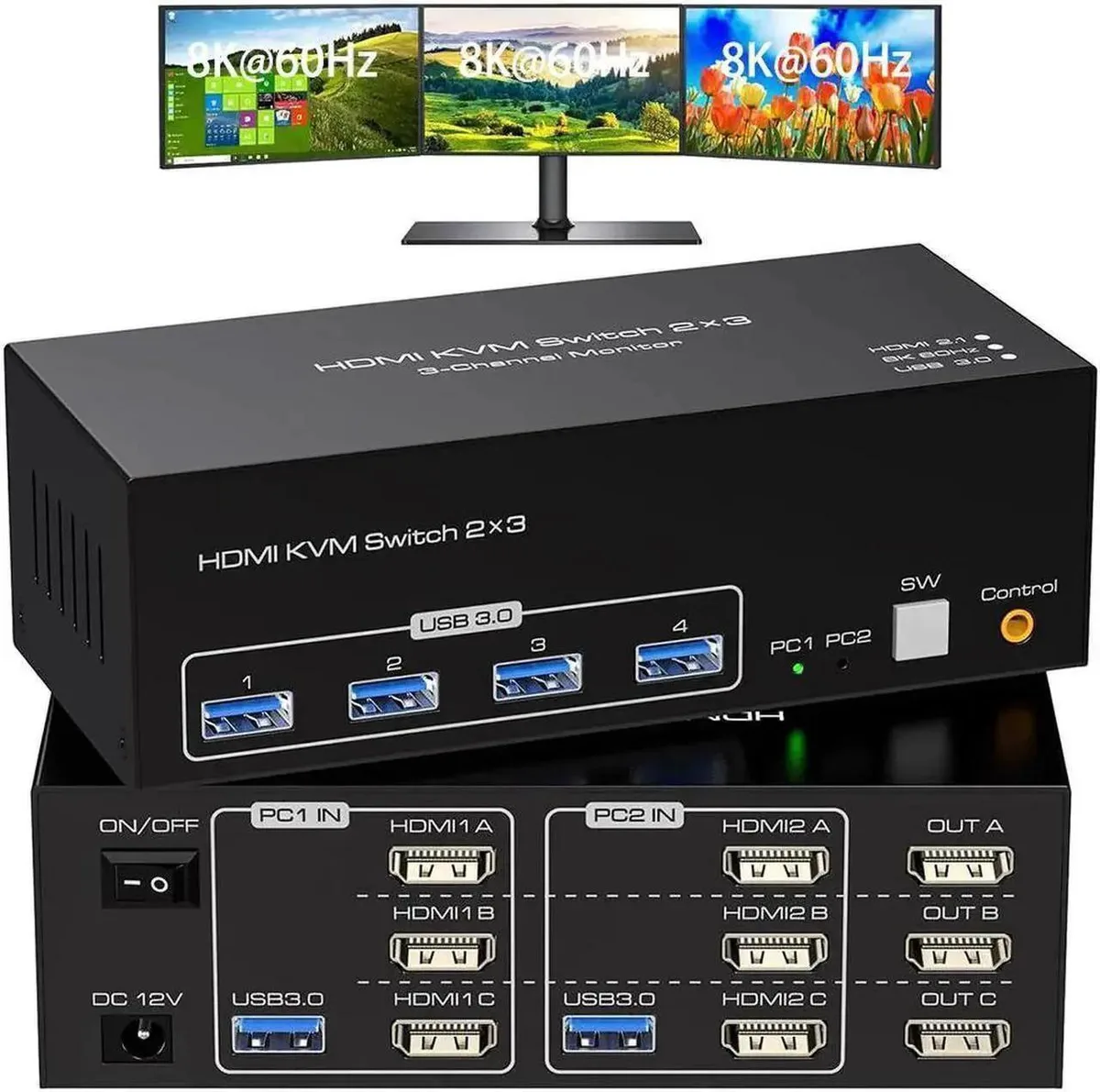 Vszerda Vszerda 8K@60Hz 4K@120Hz HDMI KVM Switch 3 Monitors 2 Computers USB 3.0 Wired Controller — product photo