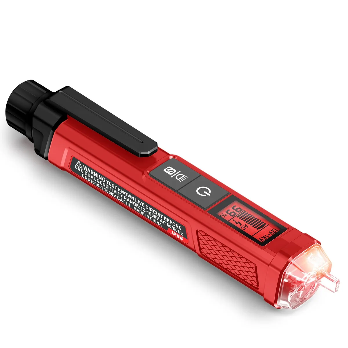 Red voltage tester pen with LCD screen, 6.1 inches long