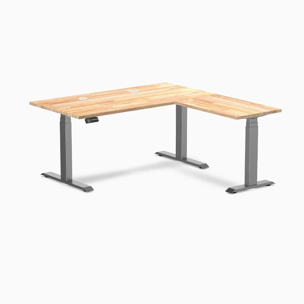 Desky Desky Rubberwood L-Shape Sit Stand Desk Natural Timber 60 x 30 x 62 x 20 in Space Gray office furniture — product photo