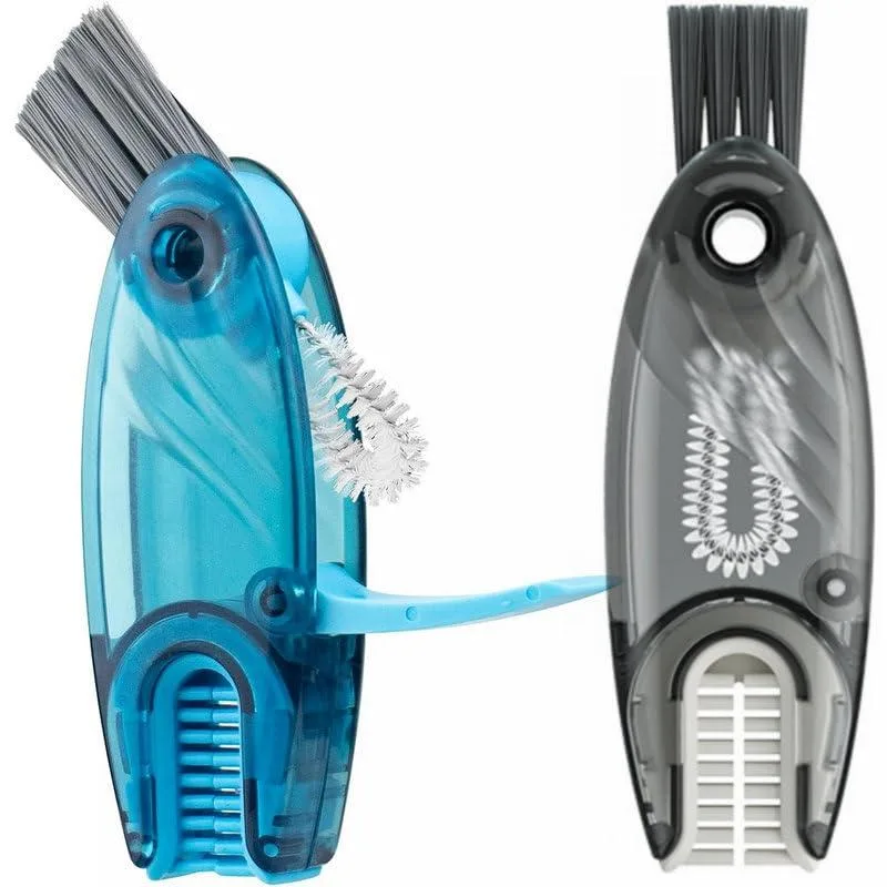 Blue and grey 4-in-1 cup lid cleaning brush with U-shaped, gap, corner and hook-remover heads