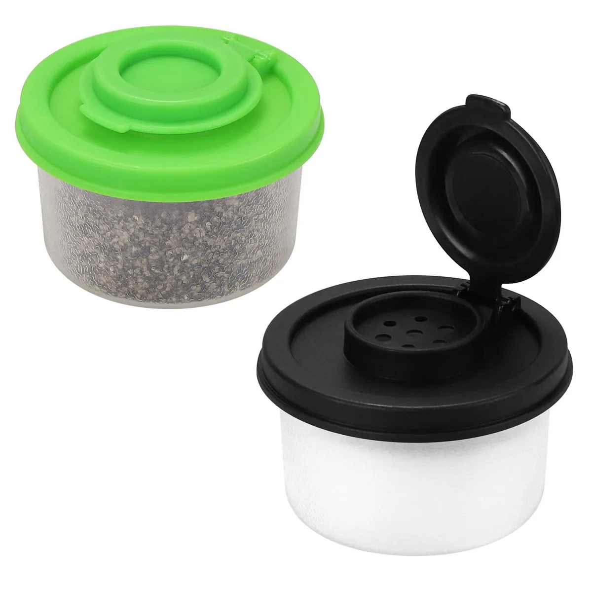 Two black cylindrical salt and pepper shakers with snap lids