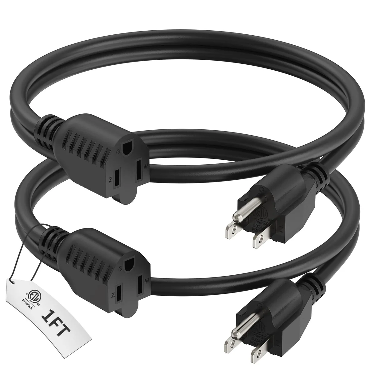  PLUGTUL PLUGTUL-1F-BK-2P 1ft 16/3 SJTW 2-pack power extension cord — product photo