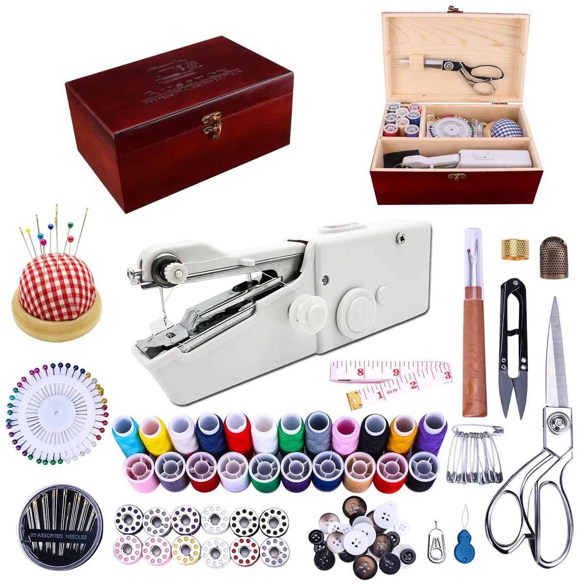  Ausarox HSM708 handheld sewing machine with wooden box and 153-piece kit — product photo
