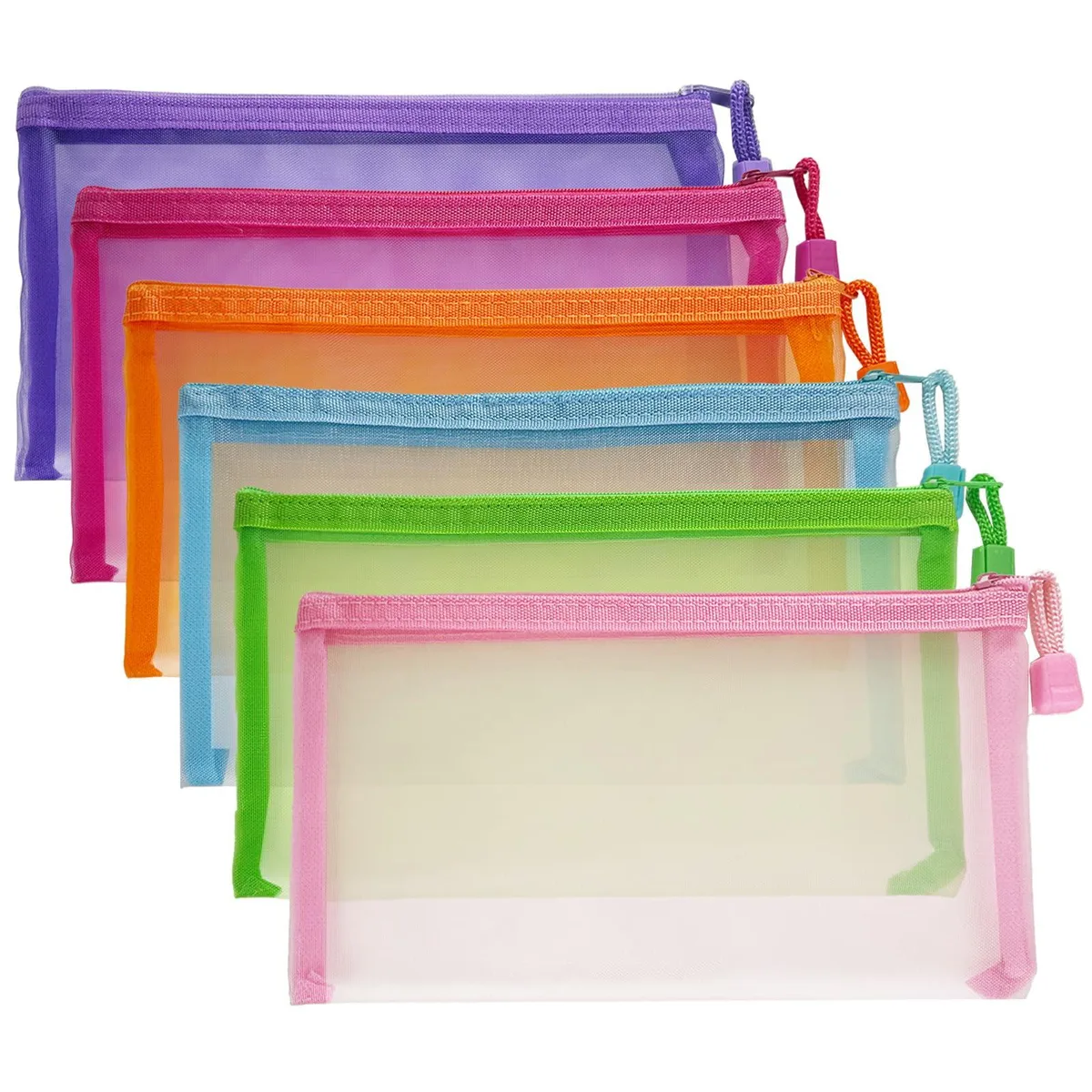 Six multicoloured nylon mesh pouches with metal zippers, flat and see-through