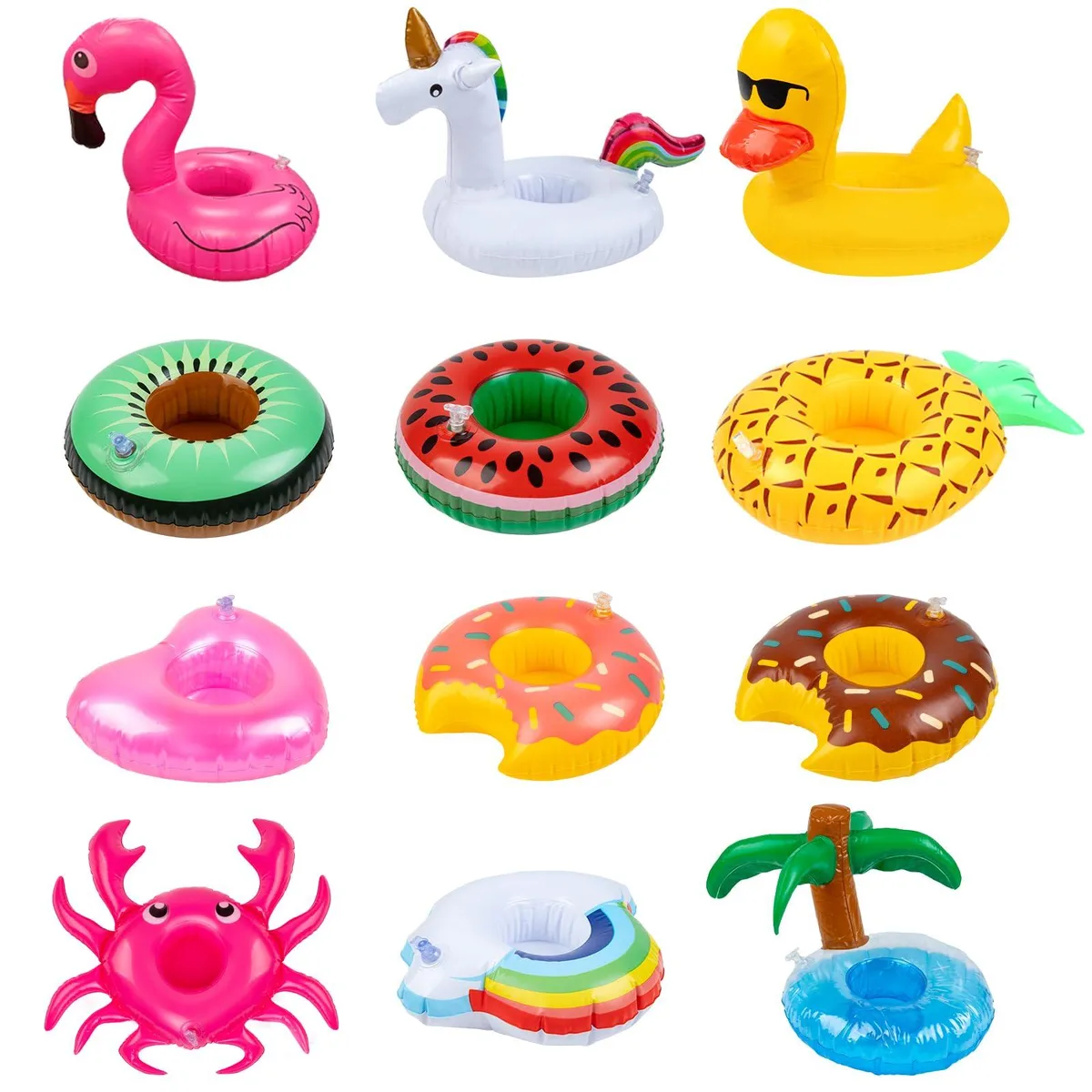 Twelve yellow PVC drink floats in mixed shapes floating on water