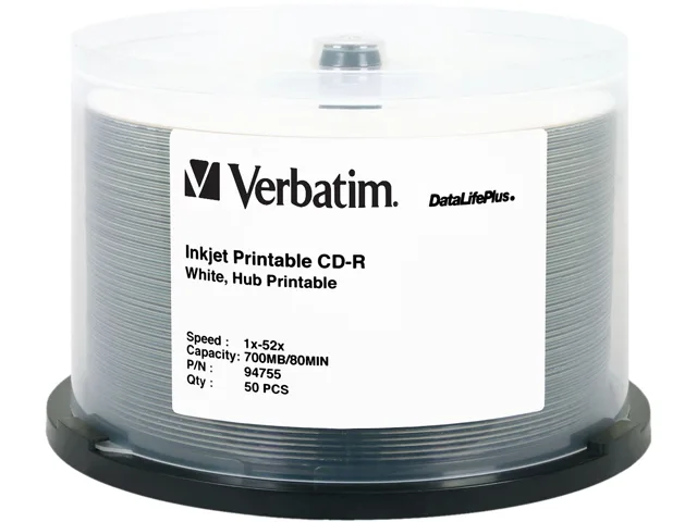 VERBATIM Verbatim 94755 700MB 52X CD-R White Inkjet Hub Printable 50 Packs blu-ray media — product photo