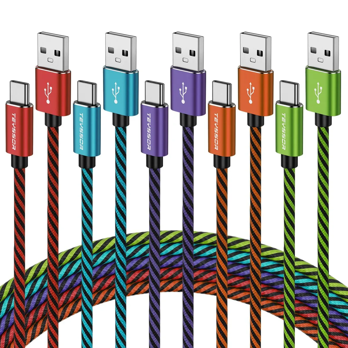 Five 10-foot USB A to Type C cables in multicolor nylon braid