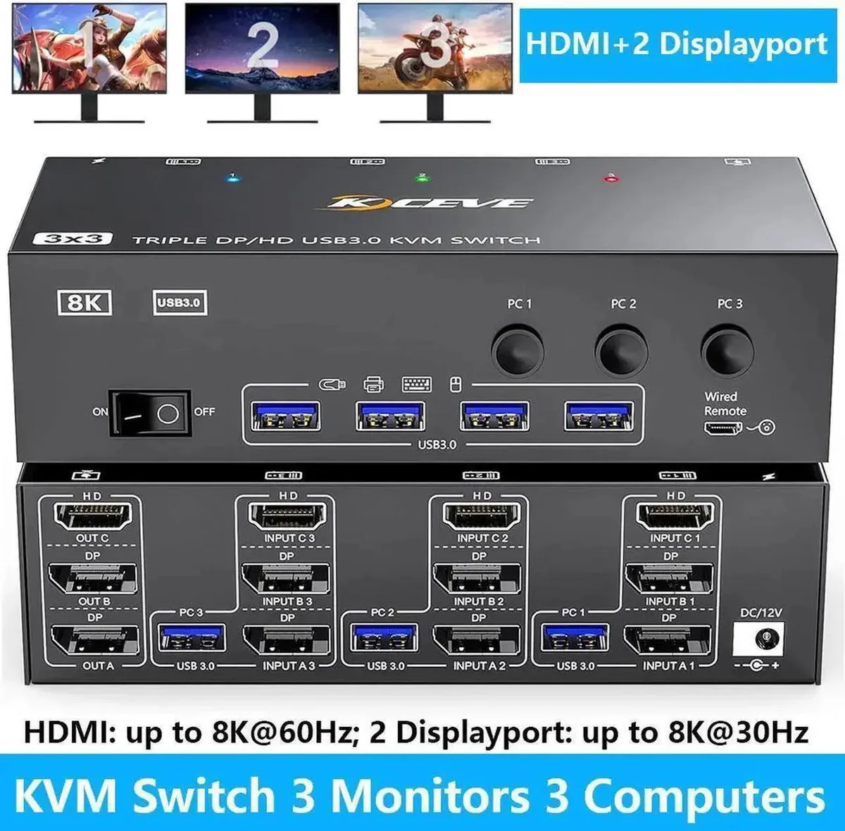 Vszerda Vszerda 3-Port HDMI+2 DP KVM Switch 8K@60Hz 4K@144Hz — product photo