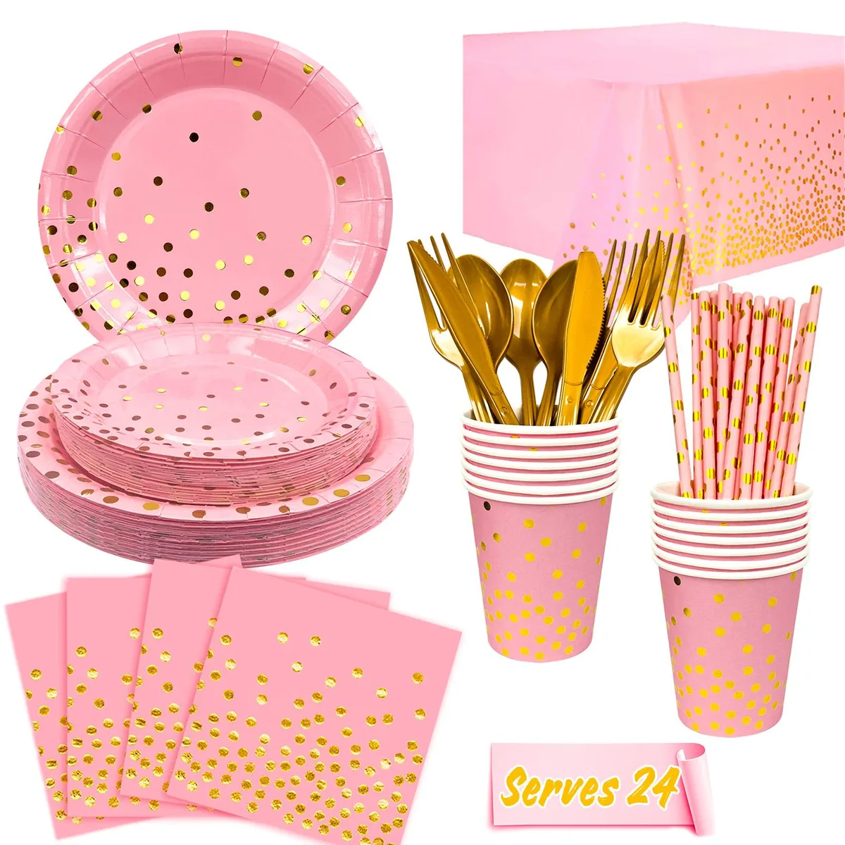Generic 12025052002 24 Guest Pink Gold Dot Paper Dinnerware Set — product photo