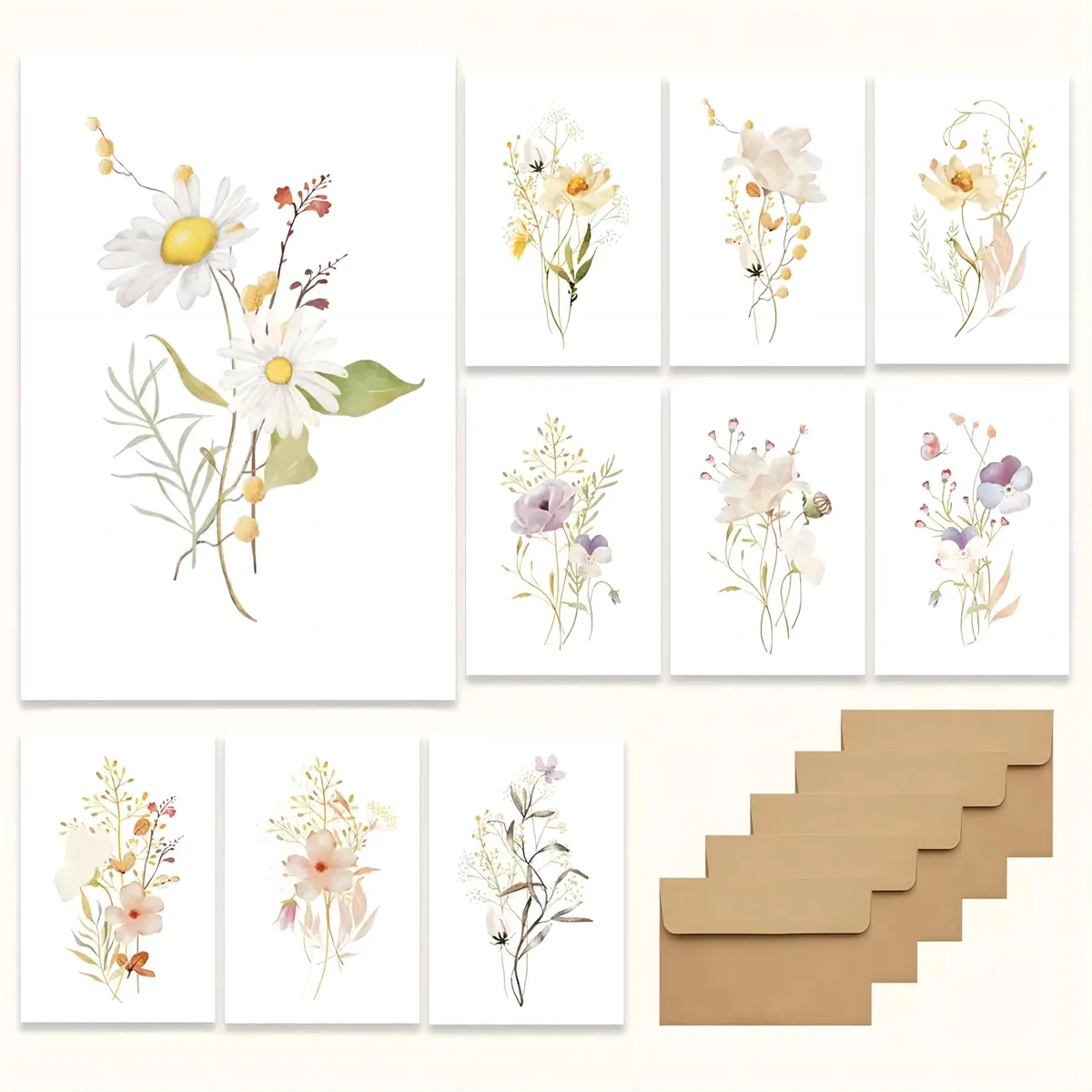 Pack of 20 natural 4x6 blank cards with floral design and rustic peel-seal envelopes