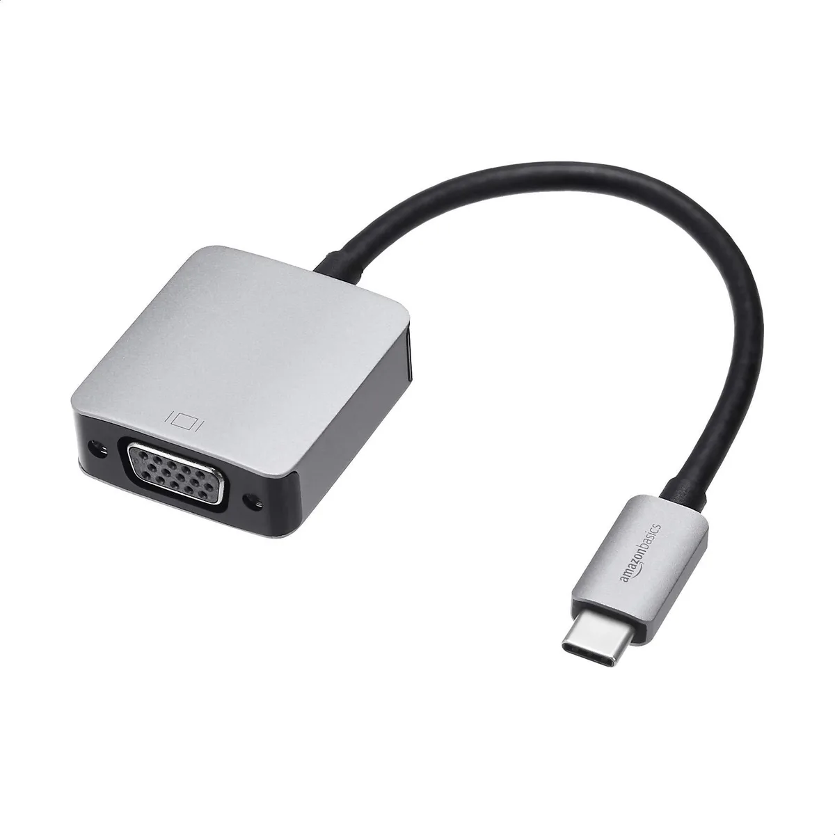 Small gray aluminum USB-C to VGA adapter, compact rectangular shape