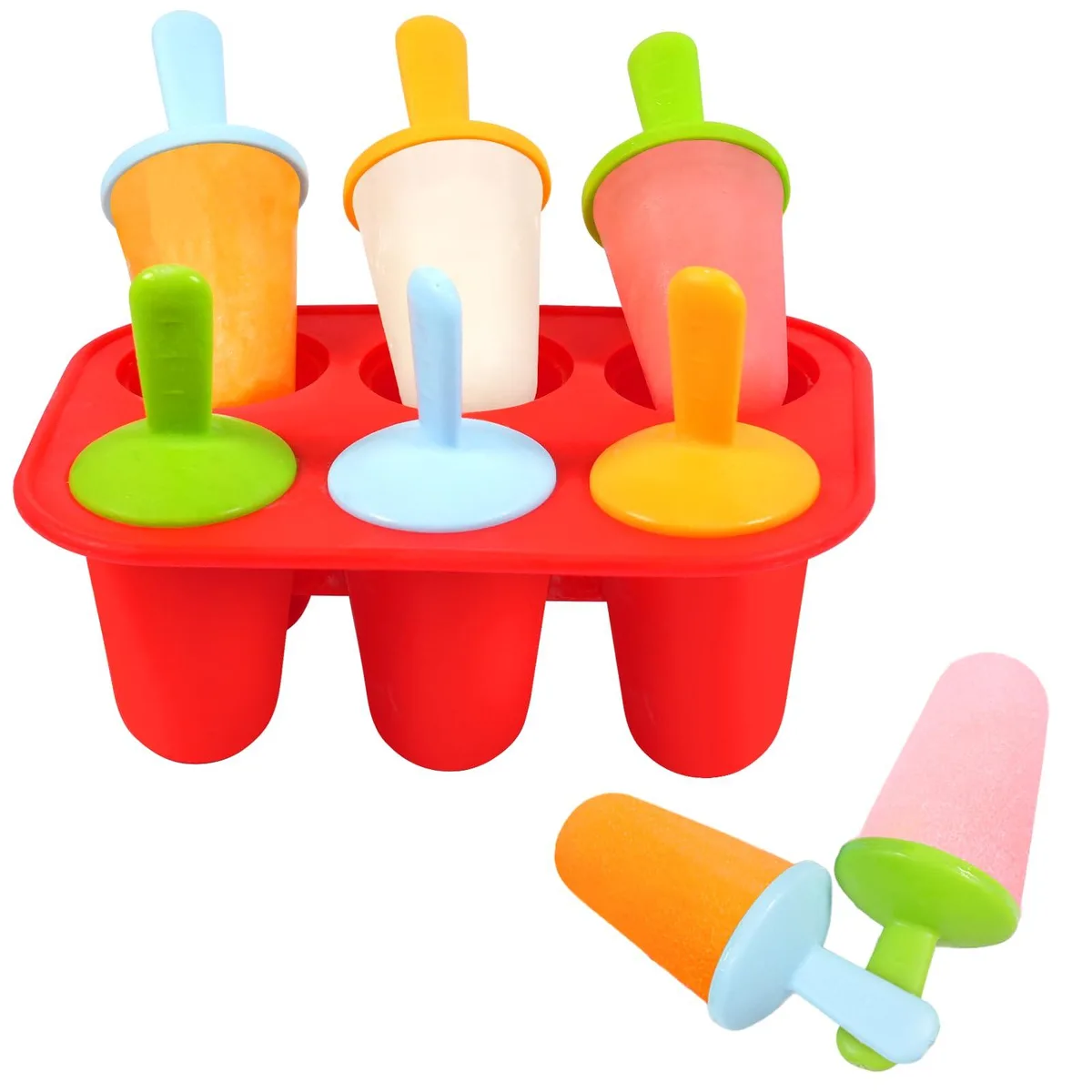 Red silicone popsicle mold with six cavities and reusable sticks
