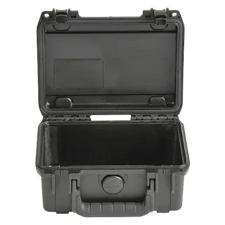 Black rectangular plastic protective case with two front latches and a folding handle