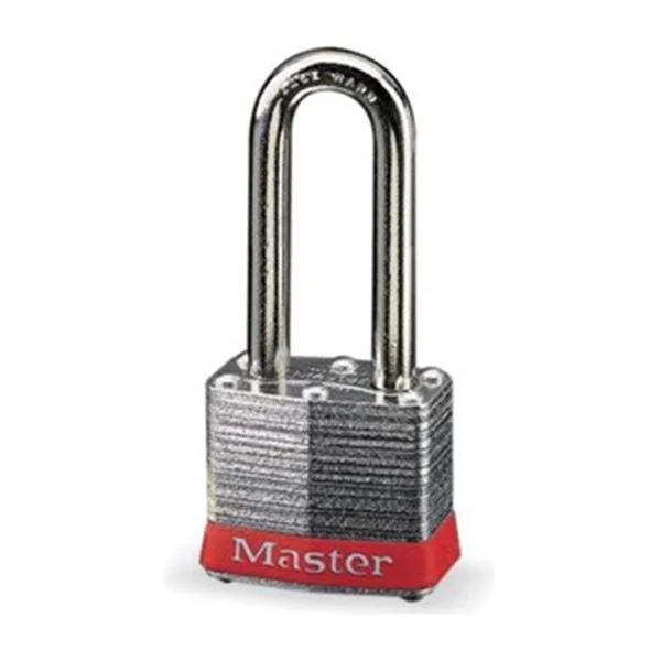 Red laminated steel padlock with extended shackle