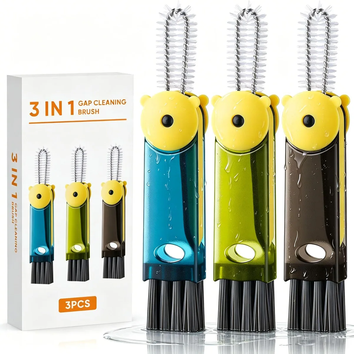 Three-piece cup lid cleaning brush set in packaging box, compact ergonomic handles with rotating heads and hook remover