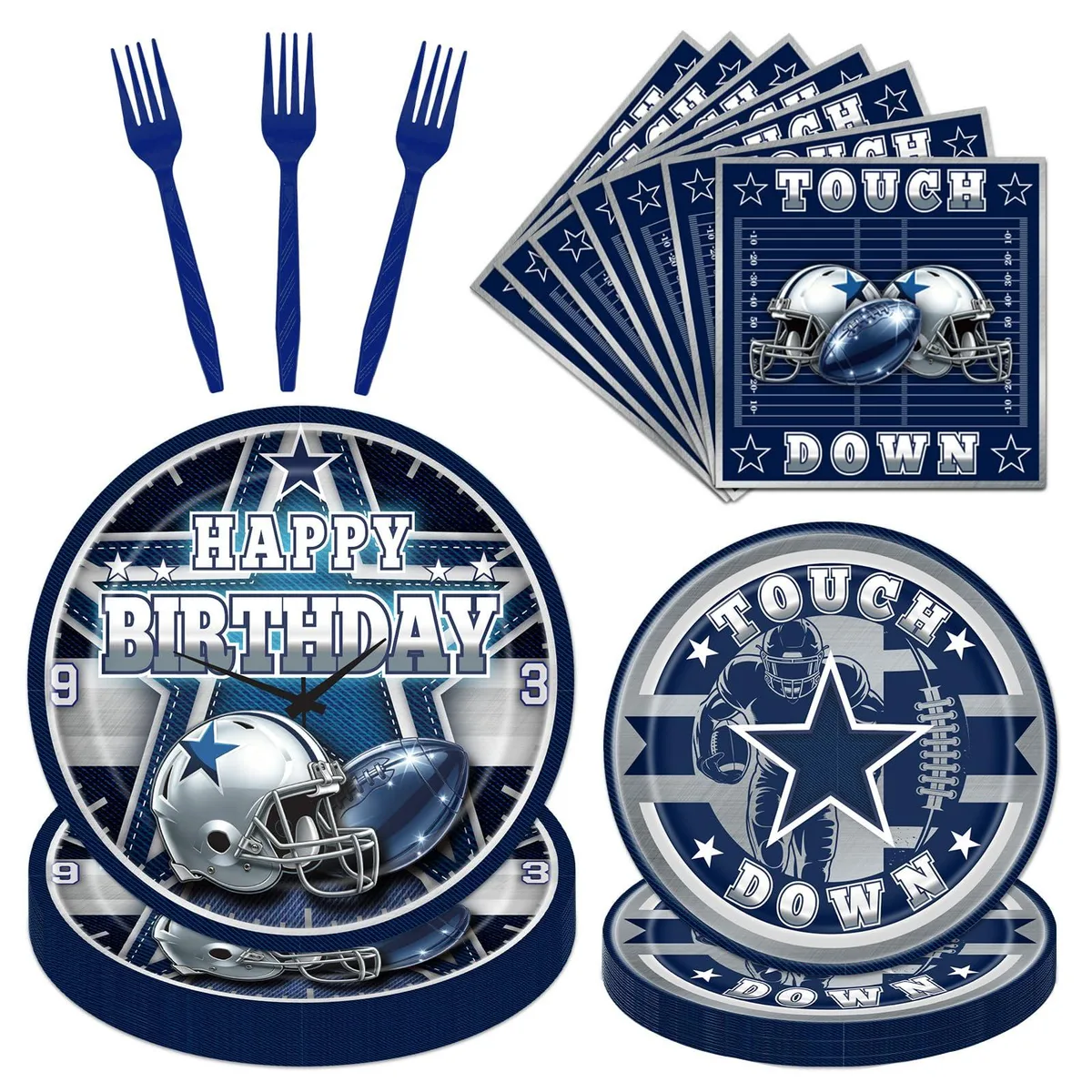 Boxed set of 96 paper plates napkins forks in blue silver football design