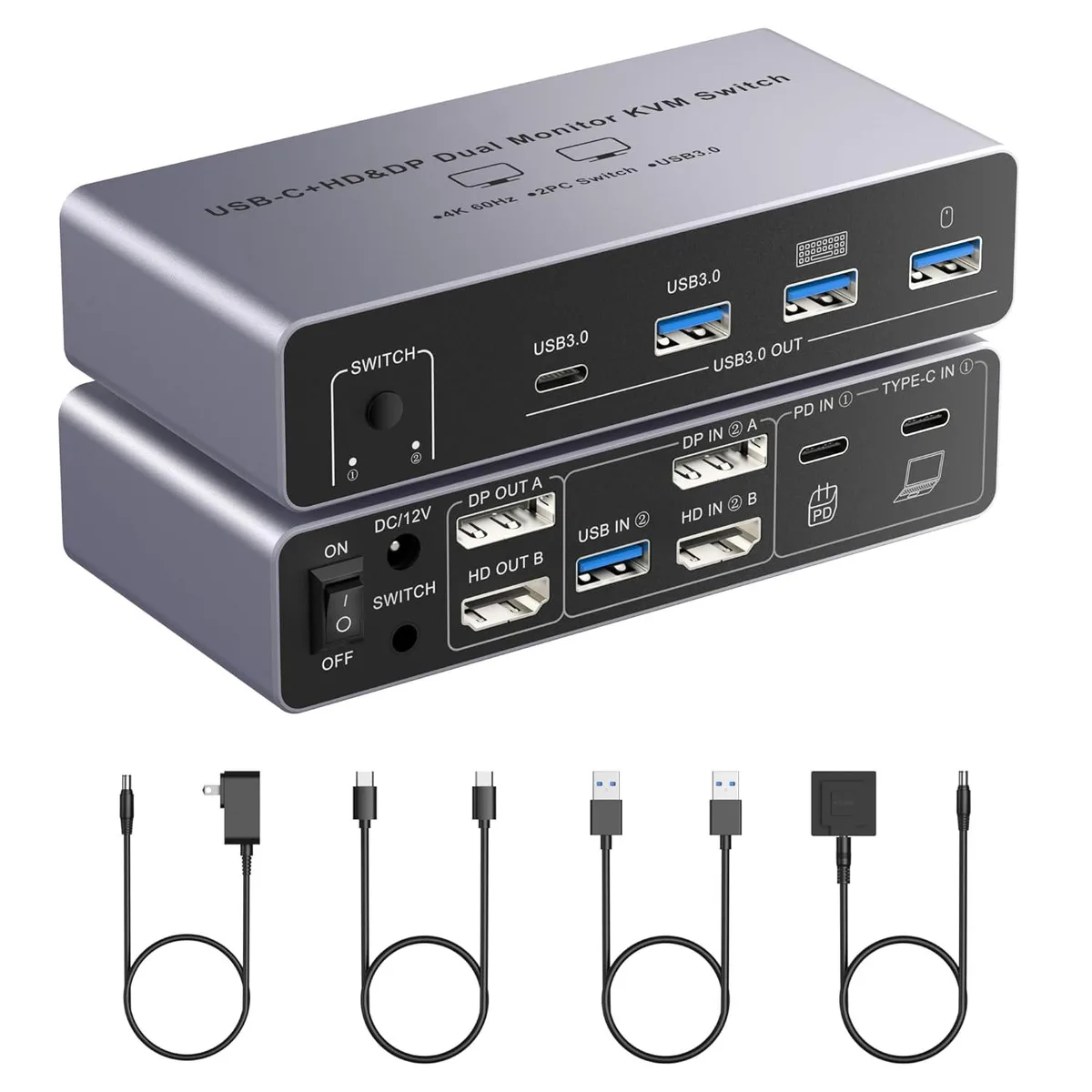 AUTYUE AUTYUE HDMI DP Dual Monitor KVM Switch 2 Ports 4K 60Hz 80W PD 3 USB 3.0 1 USB-C — product photo