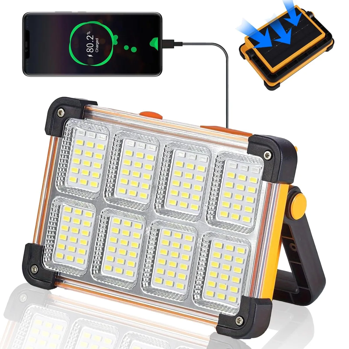 Yellow rectangular flood light with folding stand, 6 by 4 by 1.5 inches, IP65 rated