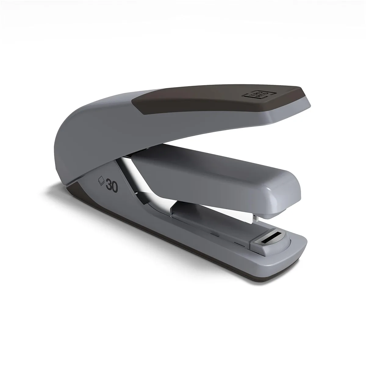 Gray desktop stapler with rubber grip and anti-skid base