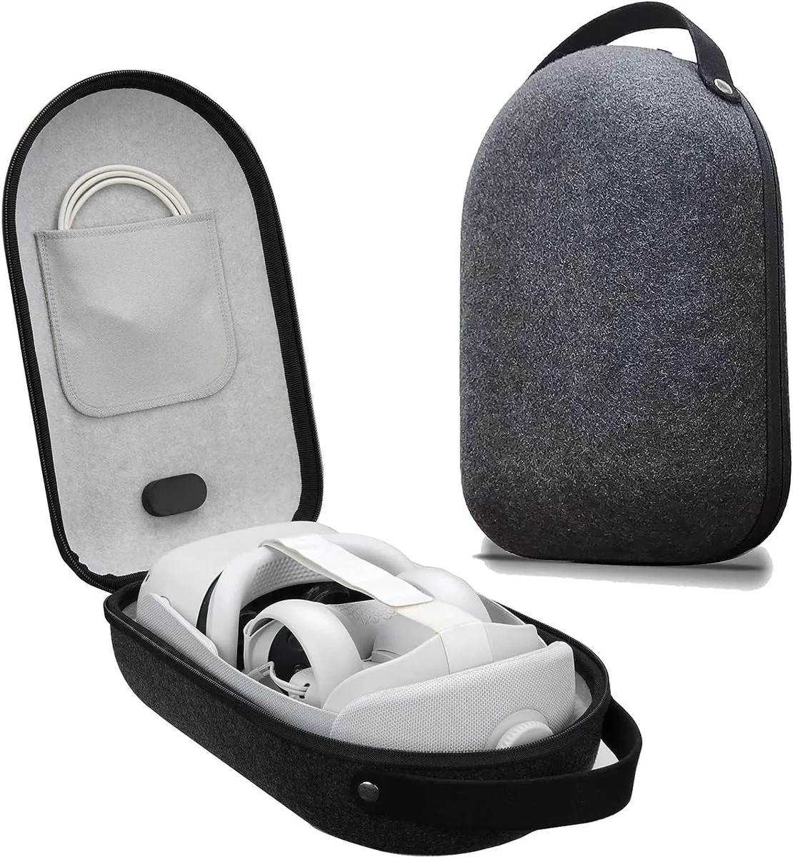 Black oval hard-shell carrying case with nylon handle, double zipper and grey interior for Oculus Quest 2