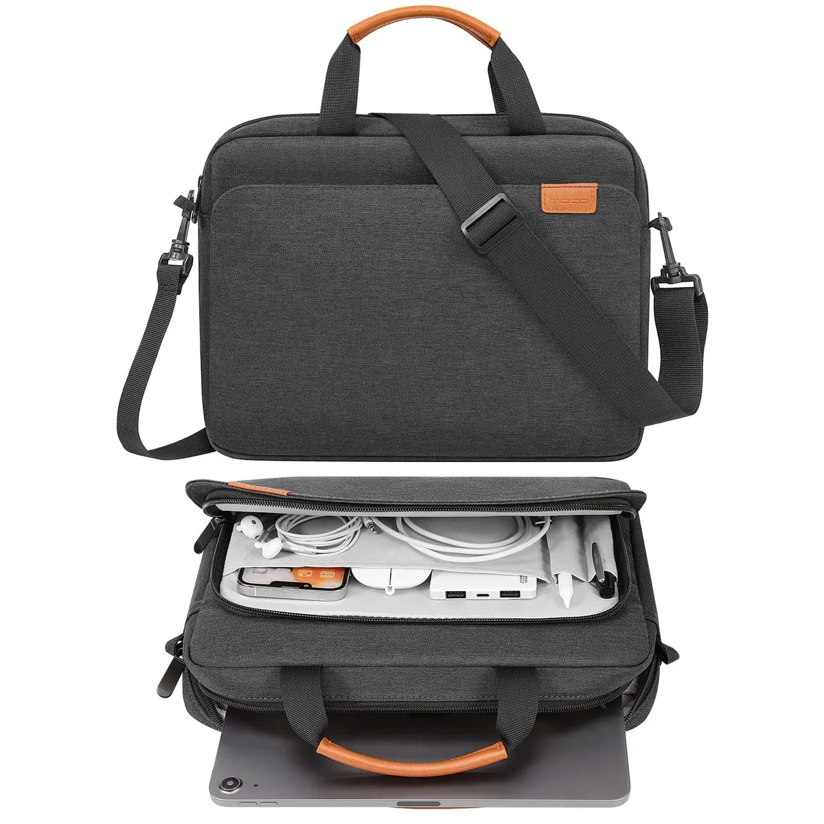 Black and grey laptop sleeve with handle and detachable shoulder strap