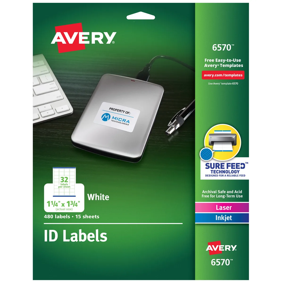 Avery Avery ID Labels Sure Feed 1-1/4" x 1-3/4" 480 Labels 6570 — product photo