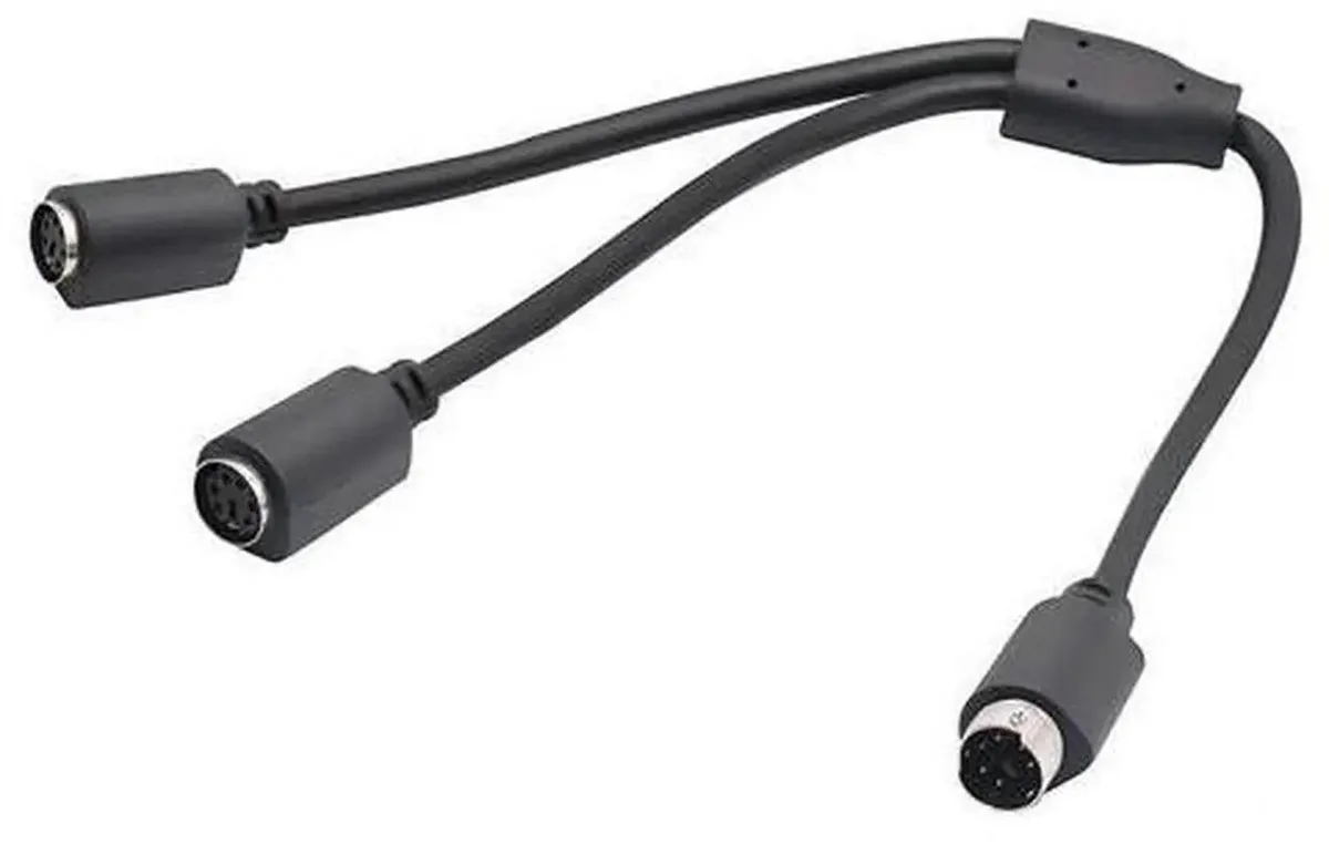Short 30cm PS/2 Y splitter cable, black male plug to two female ports
