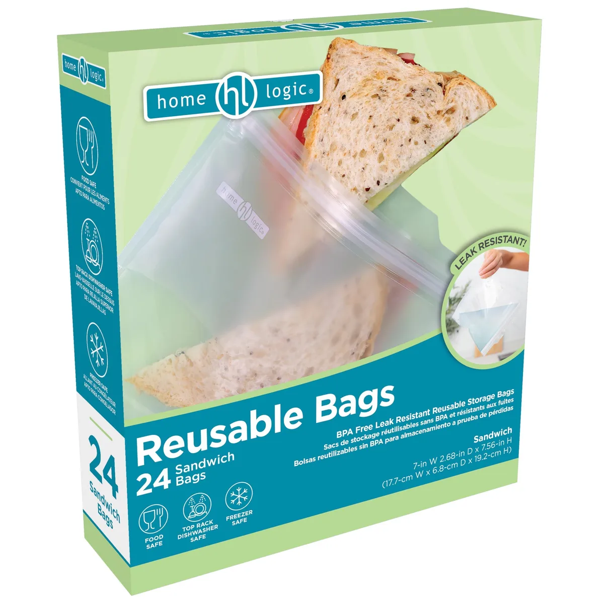 Clear reusable sandwich bags, flat bottom, zipper seal, 24 pack