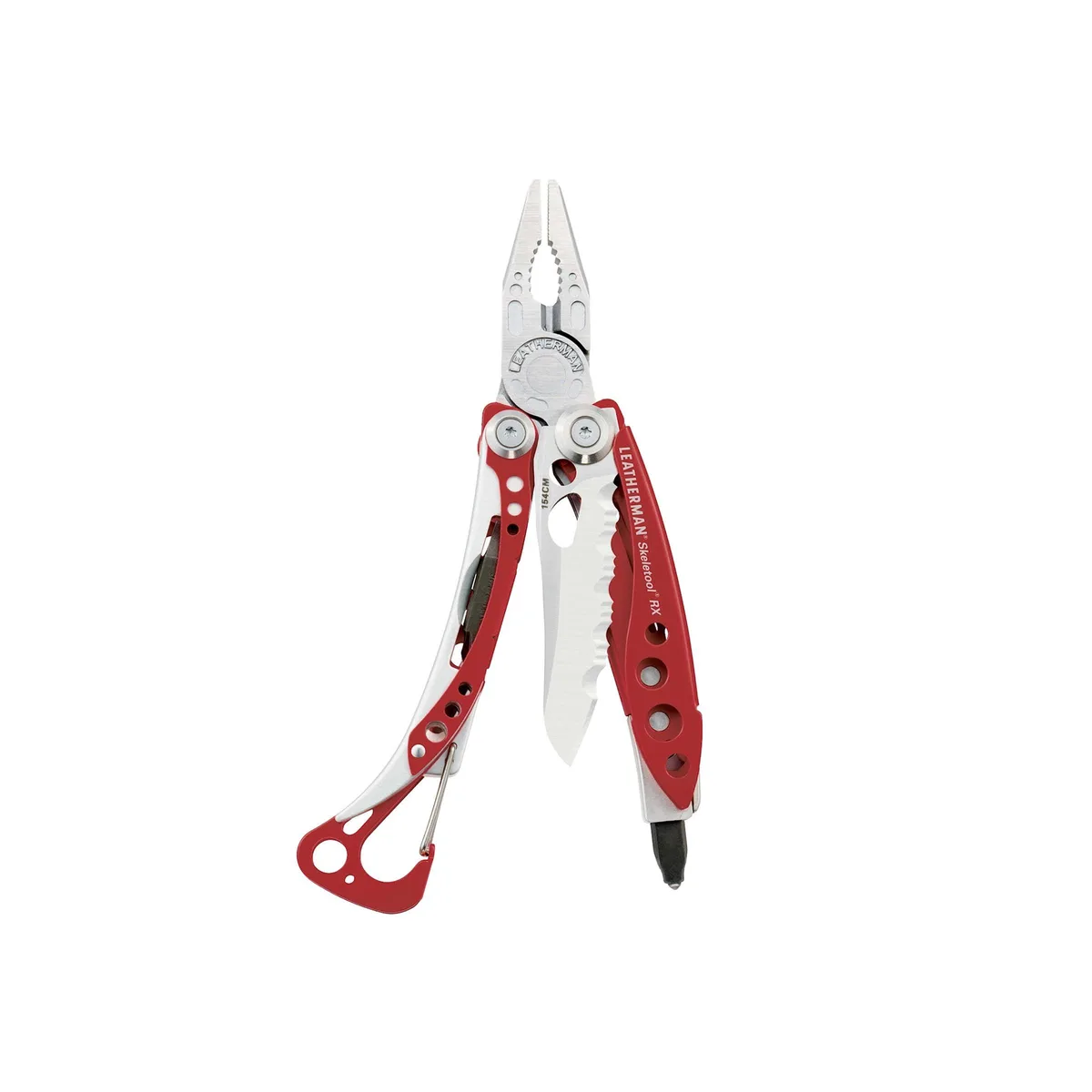Red folding multitool with serrated blade, pliers and pocket clip