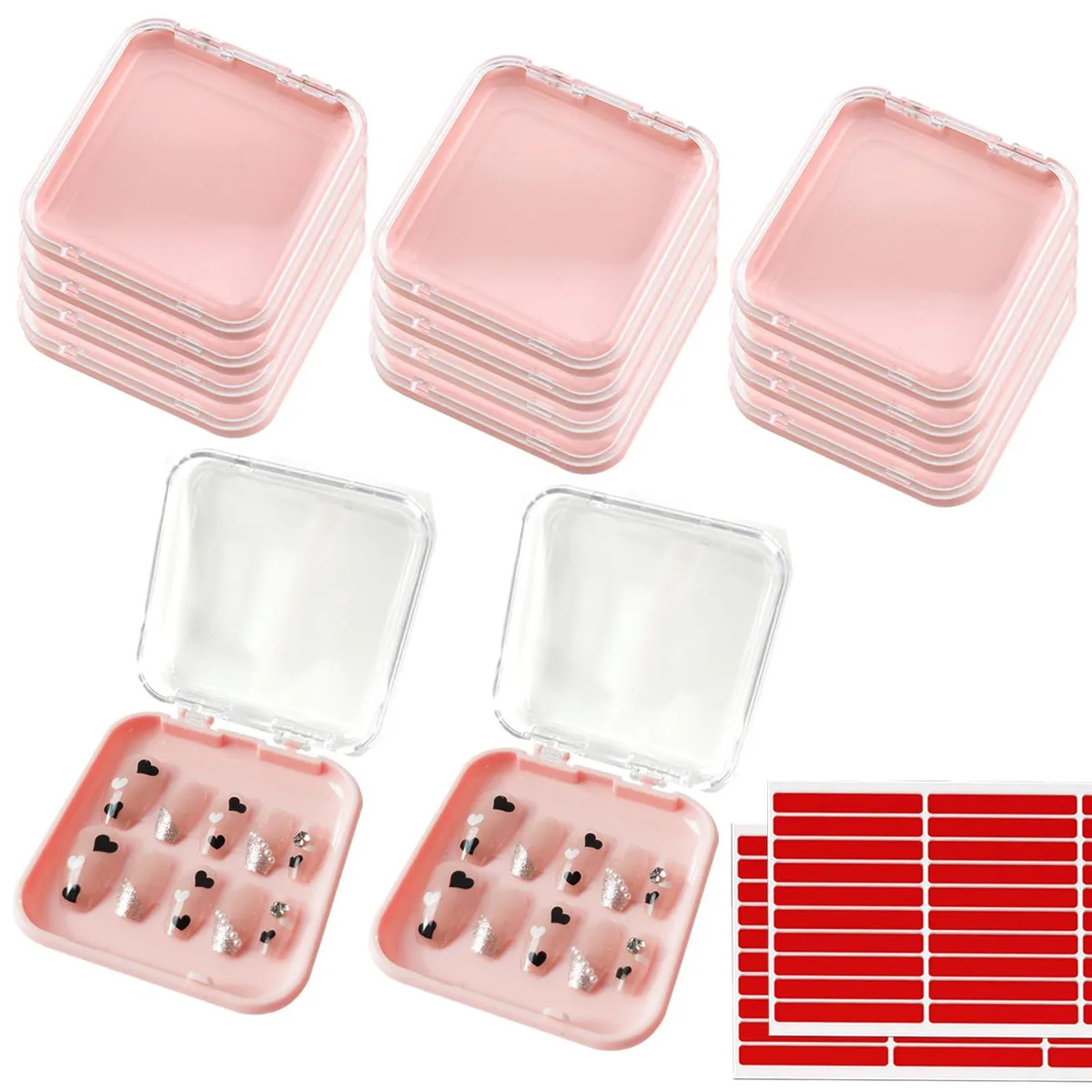 Pink acrylic nail storage box with snap lid and adhesive tapes