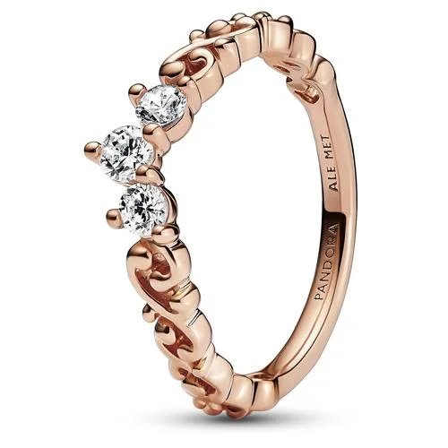 14k rose gold plated silver tiara ring with three stones and filigree swirls
