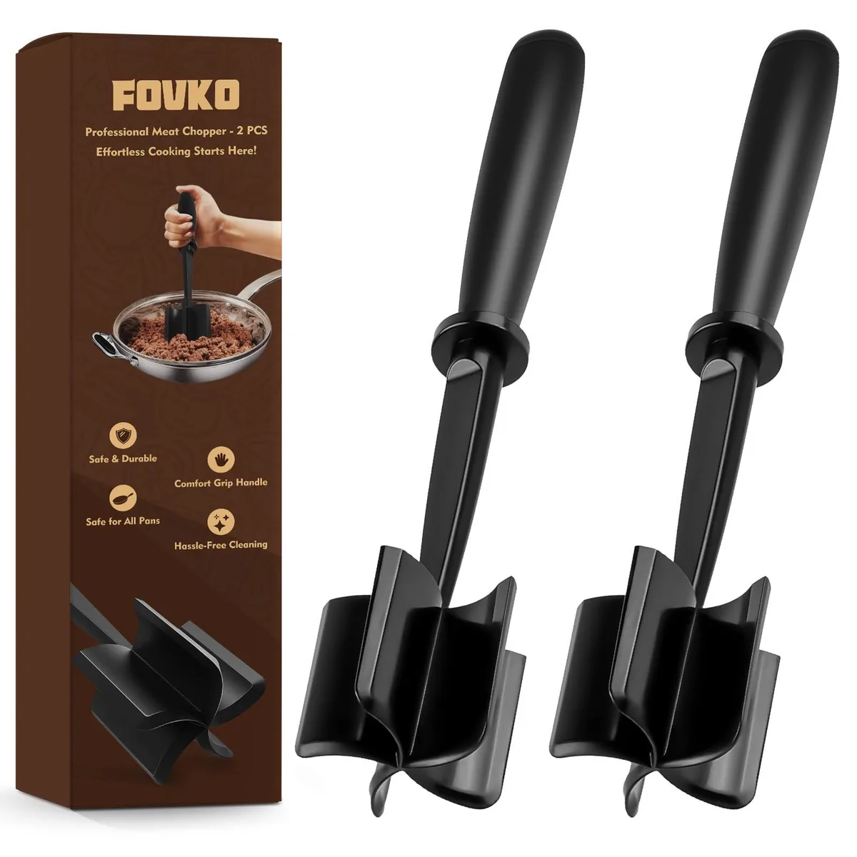 Two black heat-resistant meat choppers with five curved blades each