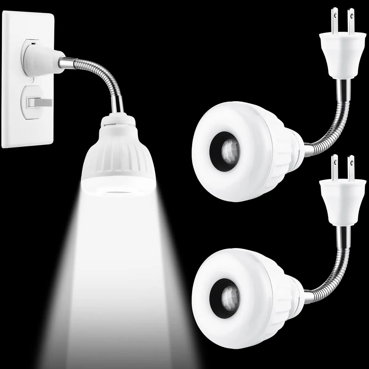 Three white rectangular plug-in night lights with rotatable sensor arms