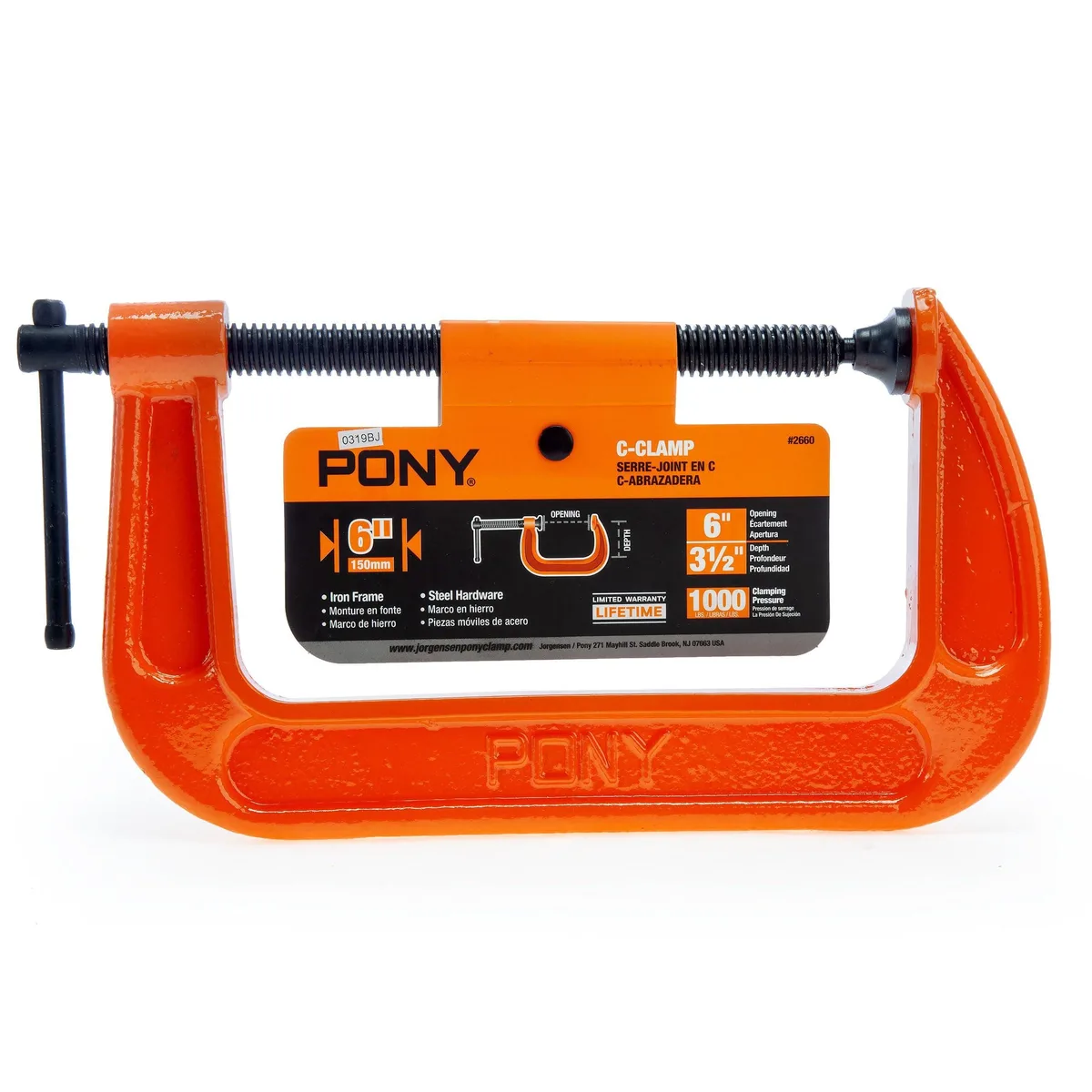 Twelve orange C-clamps with zinc screws on a surface