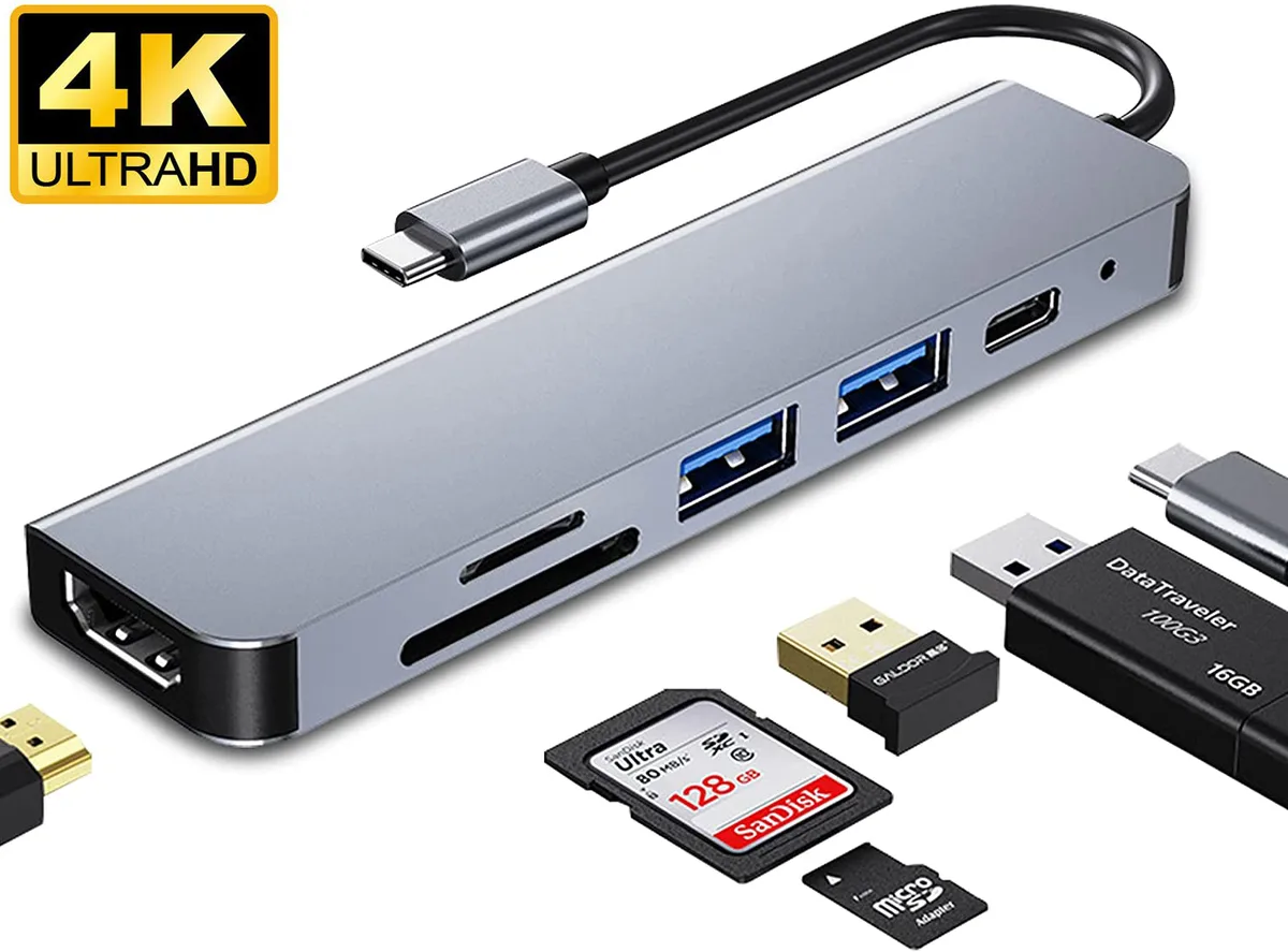 LUOM LUOM W6H1 6-in-1 USB-C Docking Station PD 3.0 4K HDMI 2 USB 3.0 SD/TF Gray — product photo