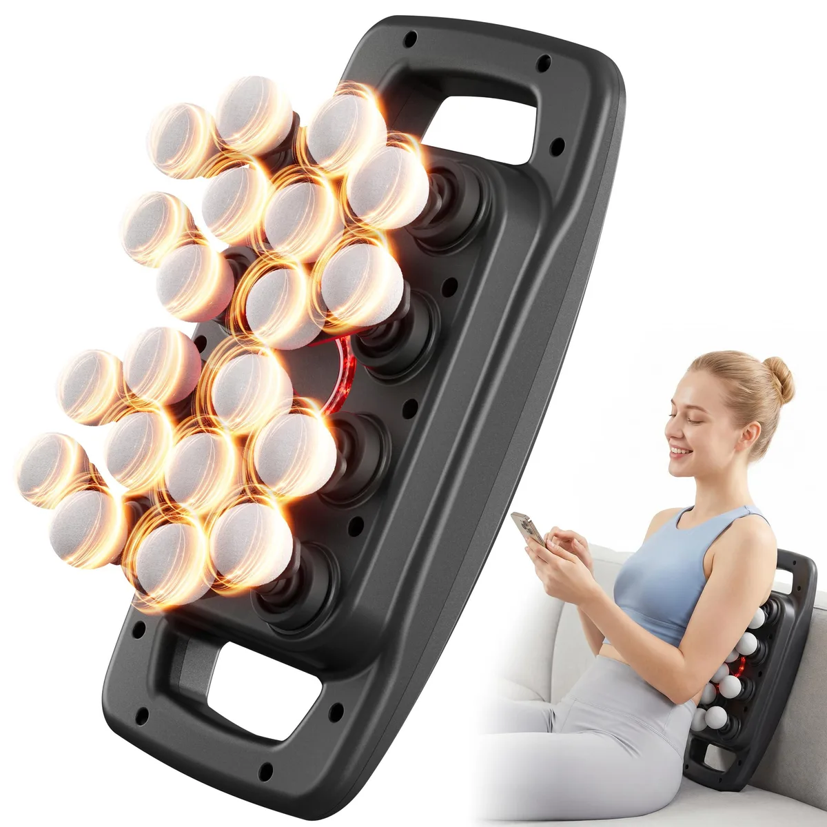 Black handheld massage gun with 20 interchangeable heads, 5.9 by 4.7 by 12.4 inches