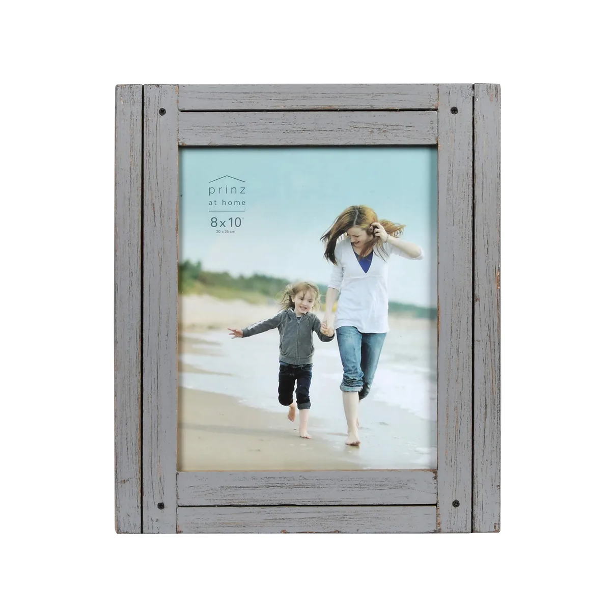 Rectangular wooden picture frame in distressed gray finish with easel back and wall hangers